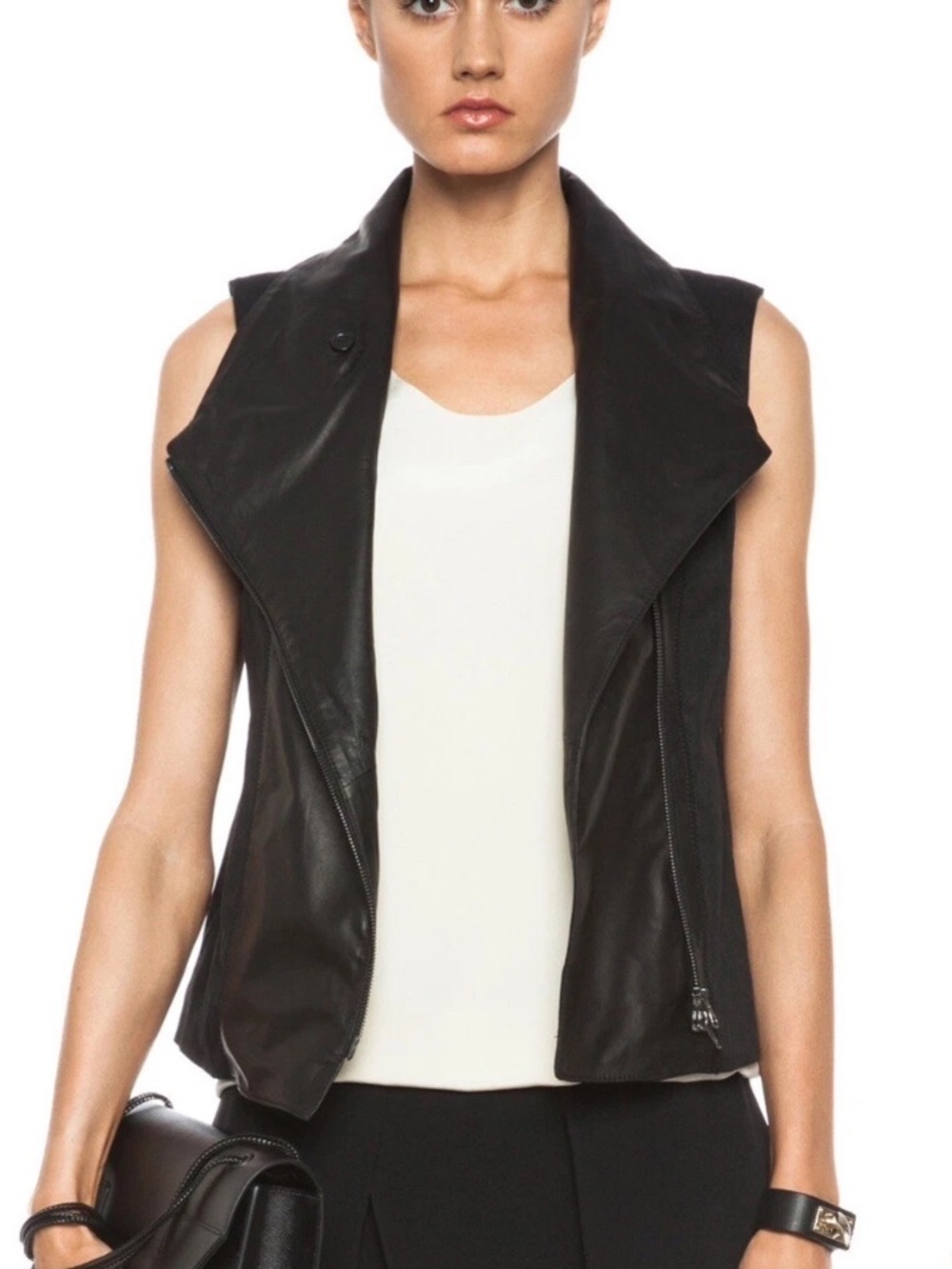 Vince Asymmetrical Leather & Linen Vest - Size M